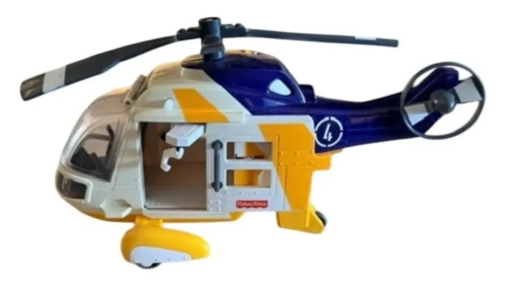 Fisher-Price Imaginext Rescue Helicopter Vehicle Yellow Blue White Doors Open